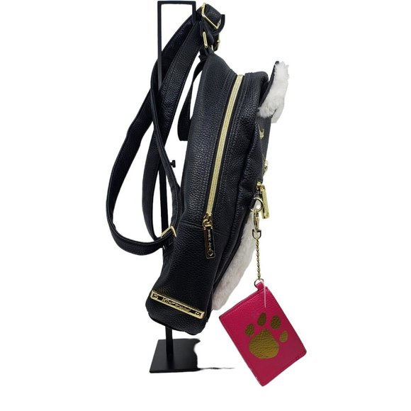 Betsey Johnson Tuxedo Cat Faux Fur Backpack Zip Around Black White Gold Hardware - Picture 3 of 12